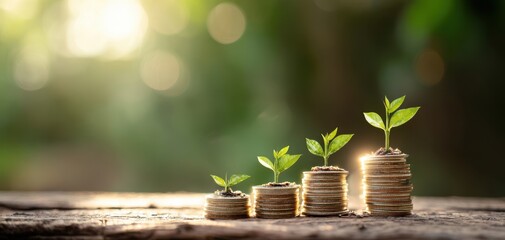The growth of seedlings emerging from coins representing financial success