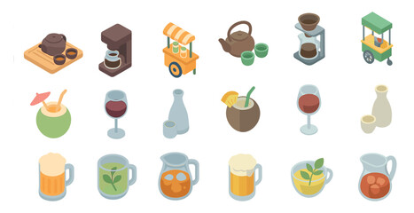 Beverage and drink isometric icons set – tea, wine, cocktail graphics collection
