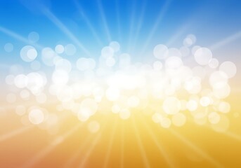 Obraz premium Soft bokeh abstract background with blue to yellow gradient blend, featuring glowing halos and sun rays effects.