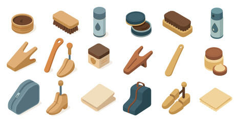Shoe care isometric icons set – 3d, footwear maintenance, cleaning tools graphics