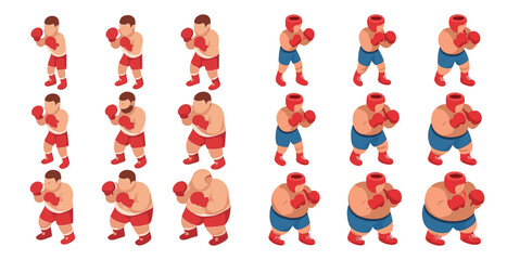 Boxing isometric icons set – silhouette, 3d, fighter and sport equipment symbols