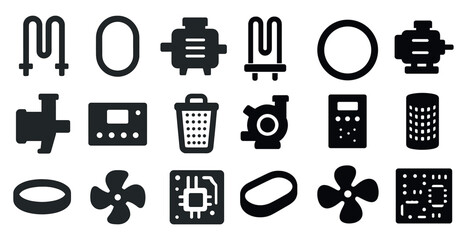 Industrial equipment silhouette icons set – machinery, tools, engineering symbols