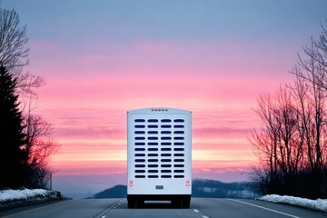 White RV on a Scenic Highway at Sunrise