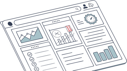 Illustration of a dashboard interface with charts graphs and icons on a tilted computer screen display