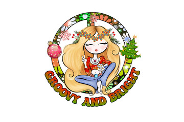 Groovy and Bright - Hippie girl celebrates Christmas with peace sign Christmas Sublimation Design 