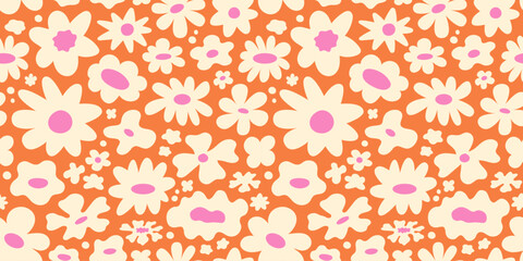 Vector seamless pattern in simple floral wavy and groovy naive style, flowers and plants, floral botanic hand drawn design templates, modern art prints, surface design