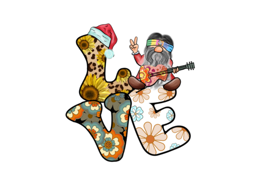Christmas hippie gnome playing guitar with love sign Sublimation design 