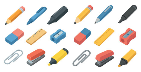 Office supplies isometric icons set – stationery, tools, desktop essentials
