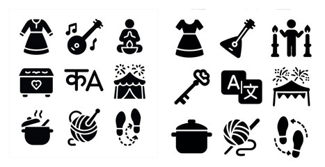 Cultural and lifestyle silhouette icons set – solid, outline, tradition and activity symbols
