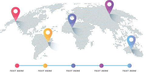 Vector Dotted World Map Infographic with Color Location Pins – Editable EPS © RANA