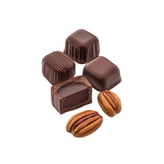 Delicious dark chocolate candies and pralines with nuts on a white background