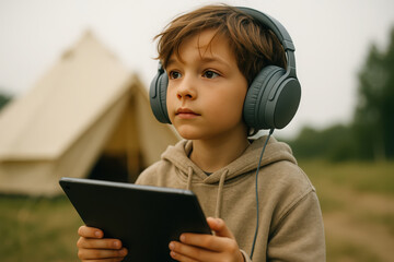 boy with headphones and tablet in a camping scene. child learning on tablet during travel