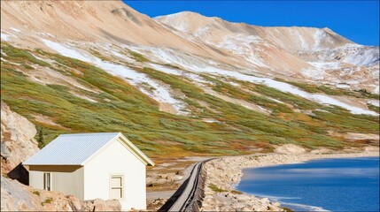 Abandoned White Cabin Beside Glacial Lake and Mountains