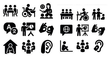 Communication and accessibility icons set – solid, filled, language and inclusion symbols