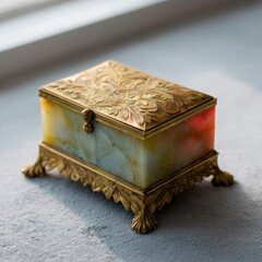 Antique Ornate Music Box with Gold Accents and Marble Base