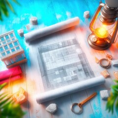 Architectural Blueprint Scroll Lit by Warm Lamplight on Wooden Table