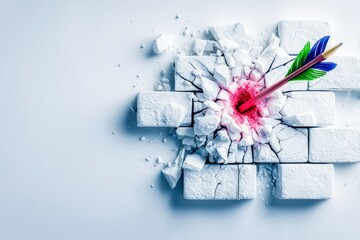 Arrow Piercing Shattered White Cubes on Light Blue Background
