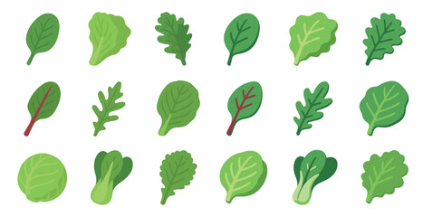 Leafy greens icons set &ndash; flat, solid, vegetable and healthy eating symbols