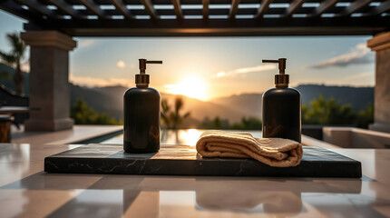 Two matte black soap and shampoo dispensers mockup