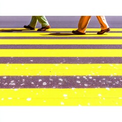 Bright Yellow Crosswalk: Pedestrian Feet and Legs Walking