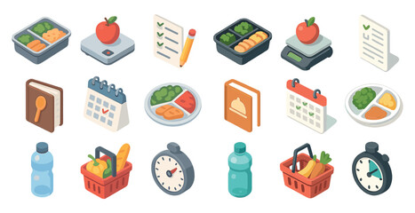 Food and diet isometric icons set – meal planning, nutrition, healthy eating symbols