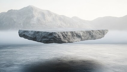 Floating stone platform in a snowy mountain landscape