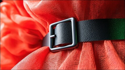 Close-Up of a Shiny Metal Buckle on a Red Fabric Belt