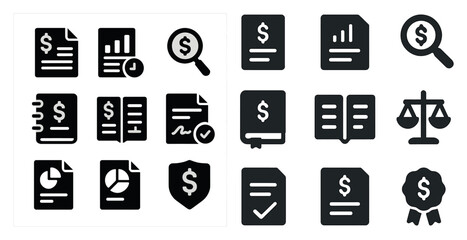Finance and business solid icons set – silhouette, economy, financial symbols