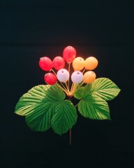 Closeup of Red Yellow and White Berries with Green Leaves on Dark Background