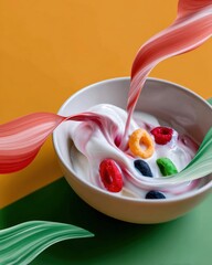 Colorful Cereal and Berry Yogurt Cascade in Bowl