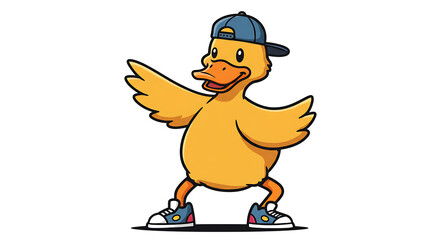 Cheerful cartoon duck wearing cap and sneakers