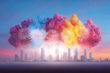 Colorful Fireworks Erupting From a Cloud Over a City Skyline at Night