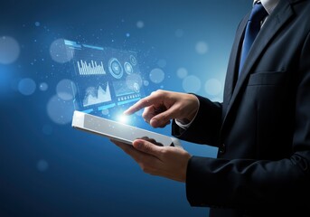 Businessman using tablet with digital interface for data analysis and visualization ai generated