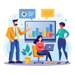 Team collaborating on business analytics and data visualization during a presentation