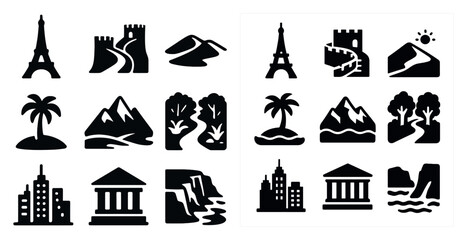 Travel and nature solid icons set – scenic, silhouette, adventure symbols