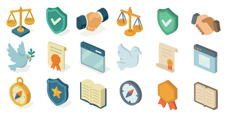 Legal and business isometric icons set – 3d, symbolic, corporate elements