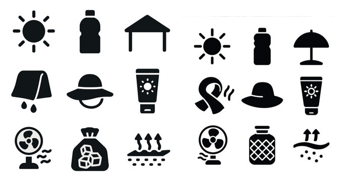 Summer and beach solid icons set – flat, filled, vacation essentials and leisure symbols