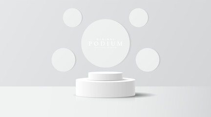 3D product Minimal display stand, white circle on gray background. Abstract geometric shapes in a simple design. Fashion stage mockup scene. Studio product display stand. Product advertising stand