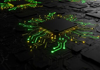 Dark futuristic circuit board with green and yellow glowing nodes, symbolizing advanced technology, data flow, or digital connections in a high-tech environment.