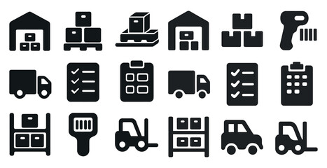 Warehouse and logistics solid icons set – storage, supply chain, shipping symbols