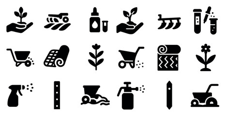 Gardening and agriculture solid icons set &ndash; filled, farming and eco-friendly symbols