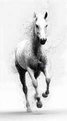 Artistic Black and White Horse Galloping isolated on white background