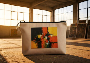 Beige canvas pouch with a chunky black zipper and a digitally printed label of an abstract expressionist painting.