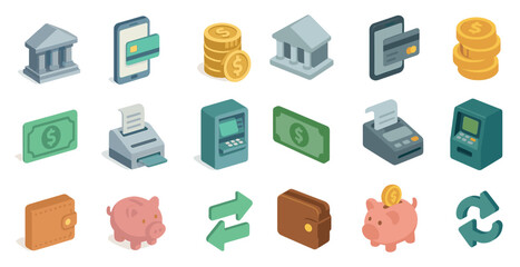 Finance and banking isometric icons set – money, currency, financial symbol pack
