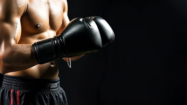 Male boxer in black shorts holding boxing glove. Confident athletic man preparing for fight. Concept of combat sport footage.