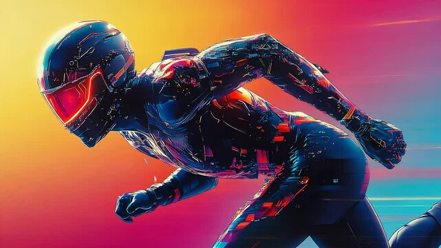 Futuristic man in cyberpunk suit running forward. Fast motion concept in digital world. Sport and technology visualization footage.