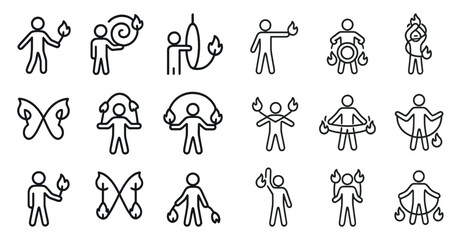 Fire performer line icons set – silhouette, outline, circus and juggling symbols