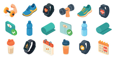 Fitness and gym isometric icons set – exercise, workout, health symbols