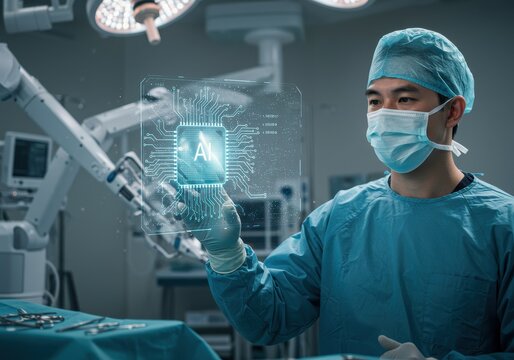 Surgeon in scrubs interacts with ai chip hologram in operating room ai generated