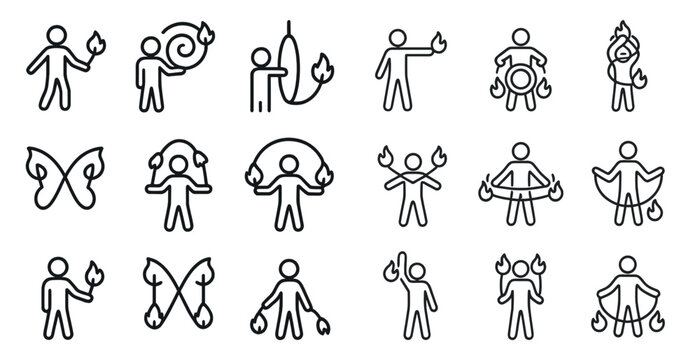 Fire performer line icons set &ndash; silhouette, outline, circus and juggling symbols